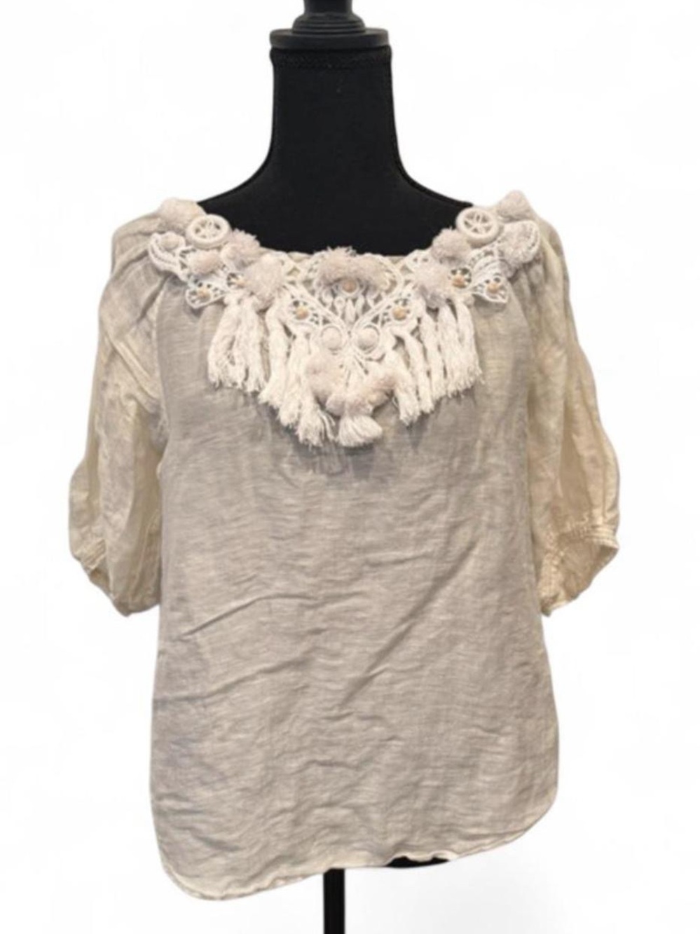 100% linen kate spade Cream Crochet Tassel Peasant Puff Sleeve Blouse